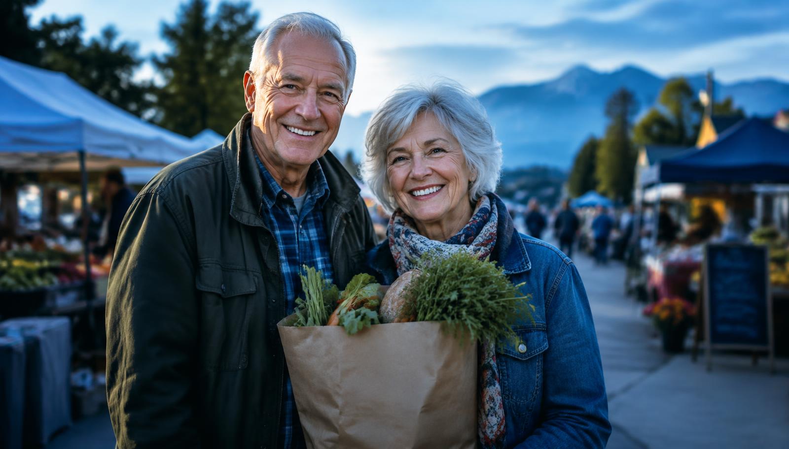 Senior couple smiling at a farmers market with a bag of groceries