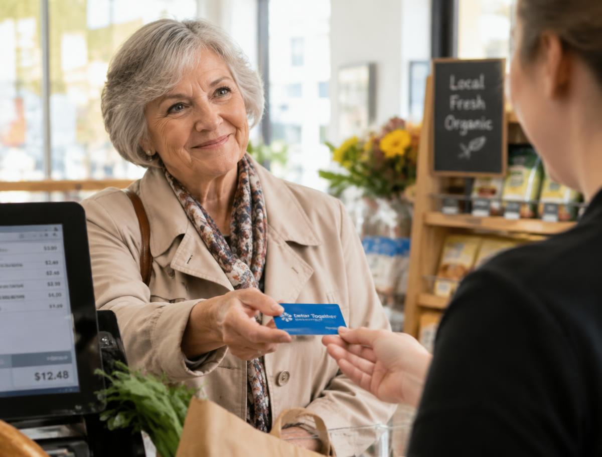 Senior woman handing a loyalty card to a cashier