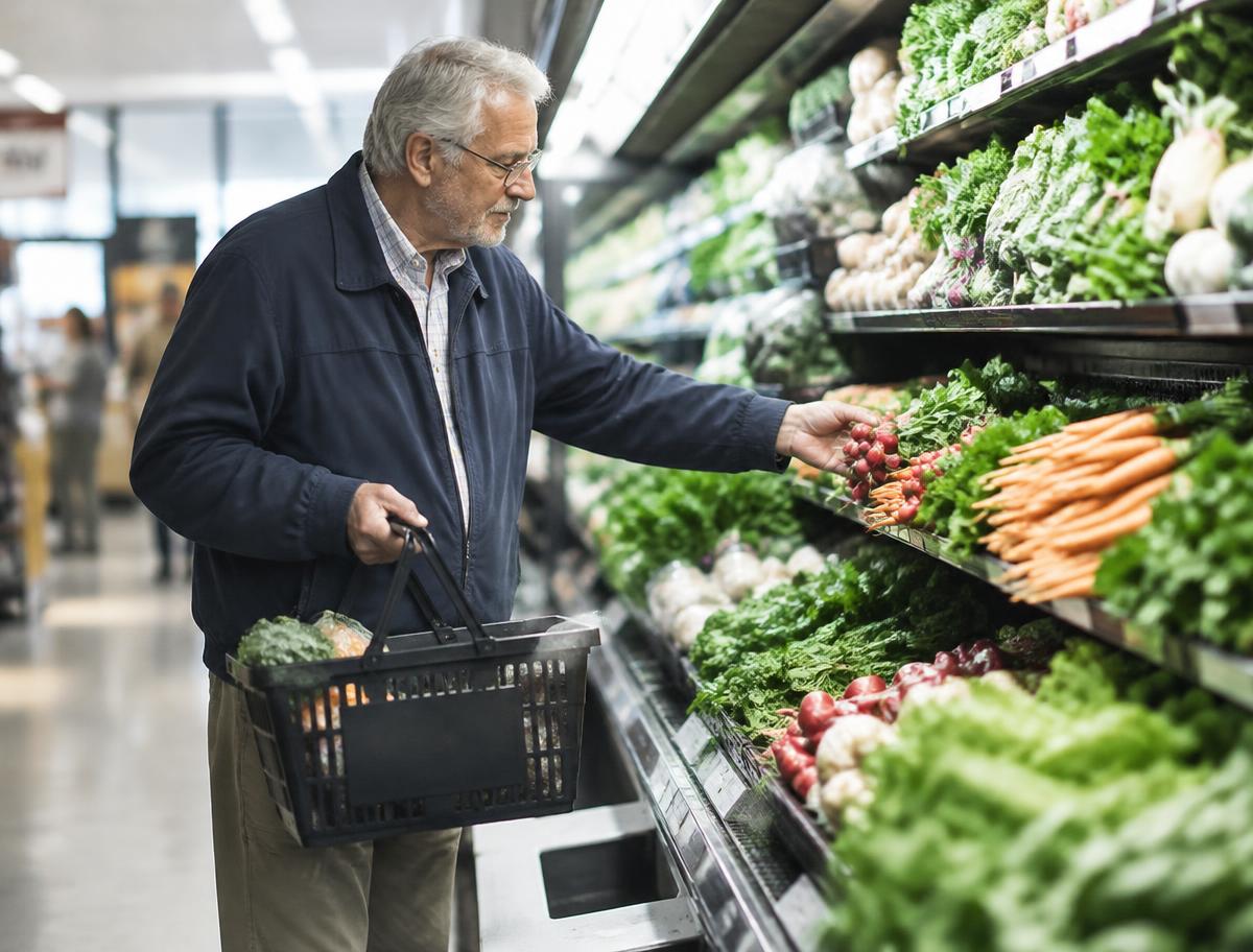 Senior man choosing vegetables in a grocery aisle