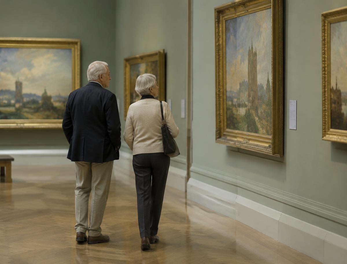 Senior couple walking through a museum gallery
